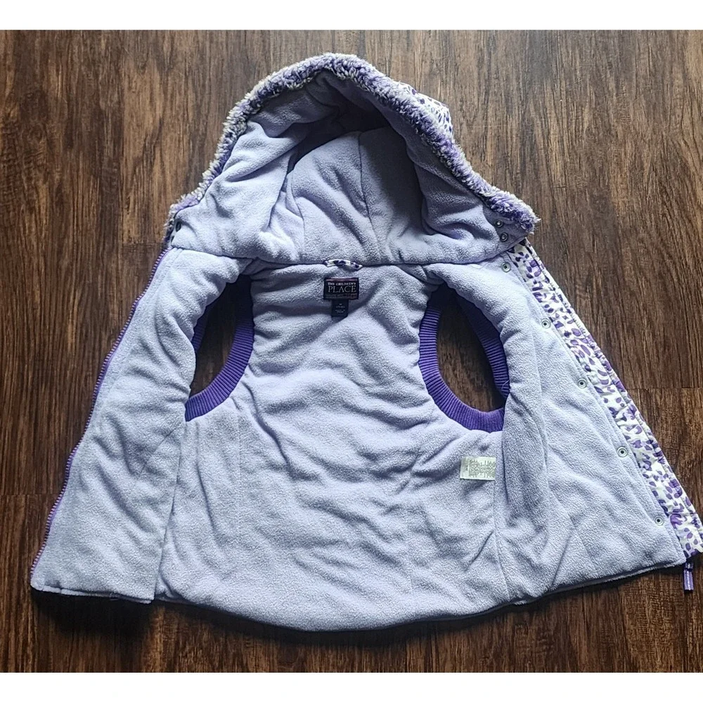Children's Place Full-Zip Button Vest Girls M 7 8 pockets Hood Faux Fur Puffy